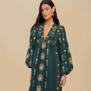 FARM RIO | GREEN PINEAPPLE EMBROIDERED EUROFLAX PREMIUM LINEN TUNIC MAXI DRESS